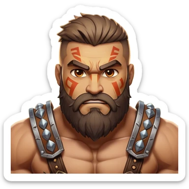 Clash of Clans aesthetic: Cinematic Rugged Barbarian Portrait Emoji, Intense and formidable with a heavily muscled physique, a rugged beard, piercing eyes, and battle-worn armor adorned with tribal markings, his expression fierce and resolute, Simplified yet powerfully detailed features, highly detailed, glowing with a deep, primal energy, high shine, gritty and uncompromising, stylized with an air of raw, untamed power, focused and determined, soft glowing outline, capturing the essence of a barbarian warrior carved by countless battles and poised to lead his clan into epic conflict! sticker
