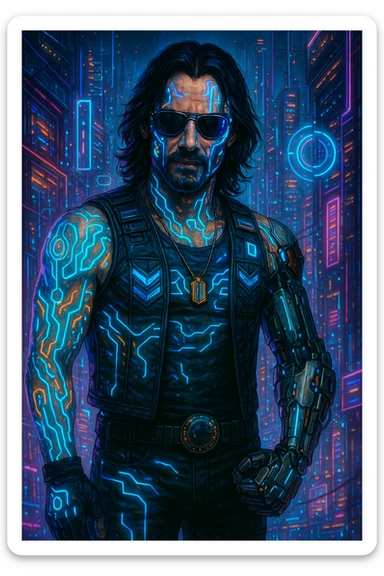 Add more cyberpunk details to Johnny Silverhand: glowing neon tattoos, cybernetic enhancements, holographic elements, and a futuristic cityscape background, keep the detailed illustration style. sticker