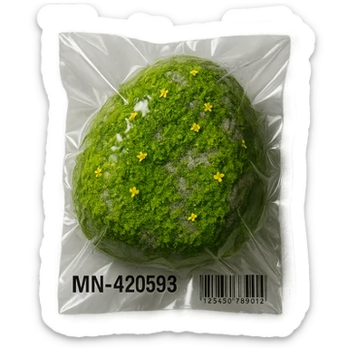 stone mostly covered in green moss with small flowers, glossy and puffy sticker