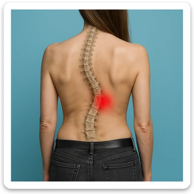 Hyperrealistic style, woman seen from behind with scoliosis, curved spine highlighted, red spot on the dorsal section, light blue background, realistic anatomical details, 4K quality. Variant 2. sticker