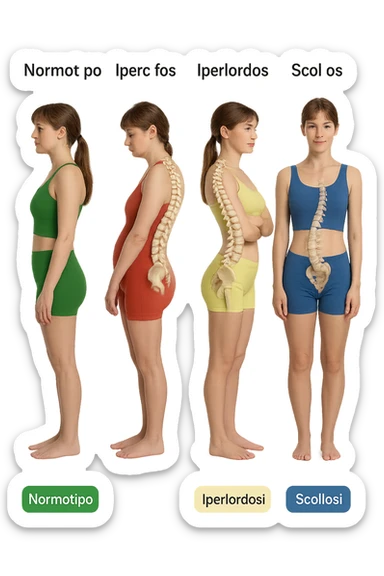 fai un immagine identica che riguarda 3 posture scorrette: scoliosi, ipercifosi e iperlordosi. falla iperrealistica anatomica in 4k con spina dorsale storta in evidenza su ogni figura sticker