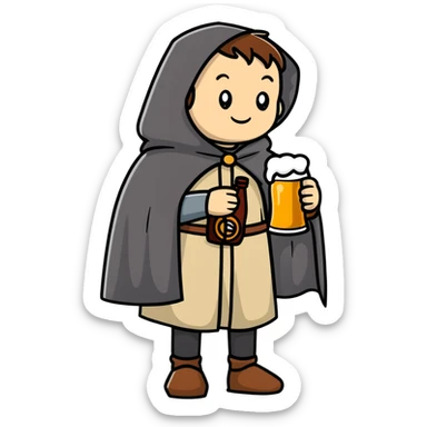 young medieval pilgrim with cloak and beer bottle sticker
