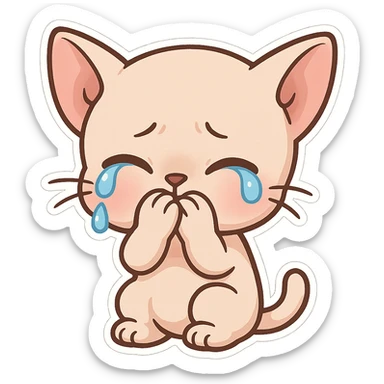 A bald kitten with no hair on its head. The kitten is crying with its paws covering its mouth. sticker