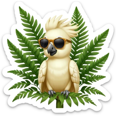 sulfer crested cockatoo wearing sunglasses sitting in a green fern tree with an australian street sign sitting infront of it saying welcome to cockatoo sticker
