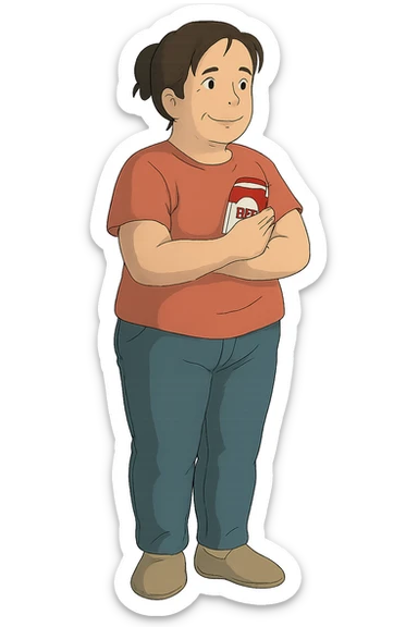 A full body of a middle aged woman wearing jeans and a t.shirt holding a packet of cigarettes close to his body sticker