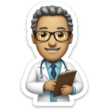 I want you to create a cartoon doctor with a clipboard, who is smiling and wearing glasses. sticker