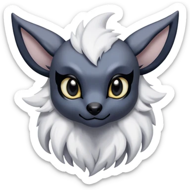 Absol-Umbreon-fantasy creature, nostril holes. black ears, no Scapha, black long scaly tail, big eyes, black eyes, white fur, black claws, cute, adorable sticker