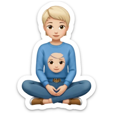 woman sitting cross legged short pixie hair jeans sweater smile  sticker