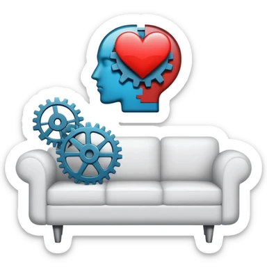 An icon featuring a human head silhouette with gears and a heart inside, symbolizing psychology. The design includes a therapy couch and a speech bubble, representing mental health and communication. Transparent background highlights the study of the human mind and behavior. sticker