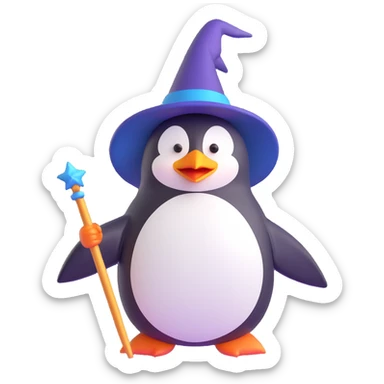 A three-dimensional playful penguin wizard with a pointy hat and a wand sticker