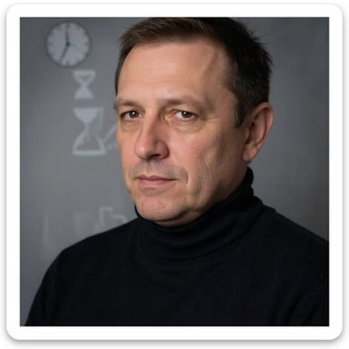 Vertical portrait of a man's face in a realistic style with a serene expression. Include symbols of a clock or hourglass next to the face to represent fasting time. The atmosphere should convey waiting and regeneration. sticker