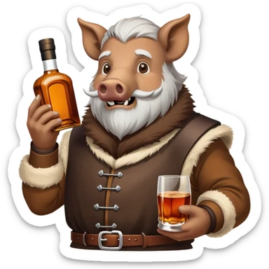Wild boar crusader with white beard and bottle of whisky sticker