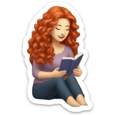 White woman with long curly red hair reading a book with a glass of wine in a park sticker