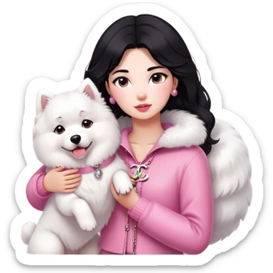black-haired girl in pink Chanel style outfit with white Samoyed dog sticker
