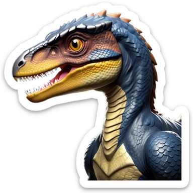 Cinematic Noble Jurassic Velociraptor Portrait Emoji, Poised and menacing, with a sleek, muscular build clad in dark, scaly skin reminiscent of Jurassic Park’s iconic raptor, a sharply curved snout and piercing, intelligent eyes that exude predatory cunning, Simplified yet boldly defined features, highly detailed, glowing with a cool, ominous radiance, high shine, intelligent and relentless, stylized with an air of cinematic prehistoric authority, focused and alert, soft glowing outline, capturing the essence of a watchful and confident Jurassic Velociraptor that appears ready to dash out of the screen with effortless power! sticker