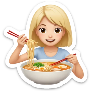 Happy girl eating a lot of ramen sticker