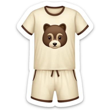 Pajamas with dark brown shorts and a light cream colored T-shirt sticker