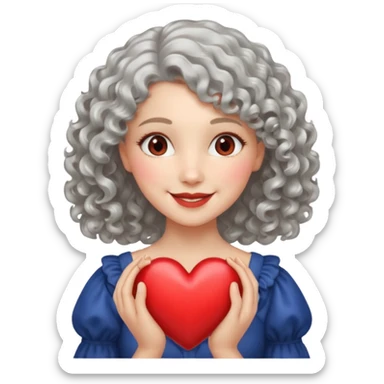 silvery curly/wavy shoulder-length hair smiling lady holding a heart sticker