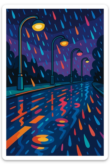 a rainy road at night with wet reflections, raindrops, and glowing streetlights in vibrant toon style sticker