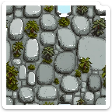 pixel art stone, blocky and simple, medium gray, hint of moss sticker