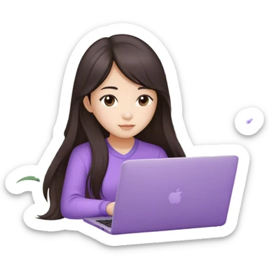 Long hair brunette Asian girl working on lavender laptop sticker