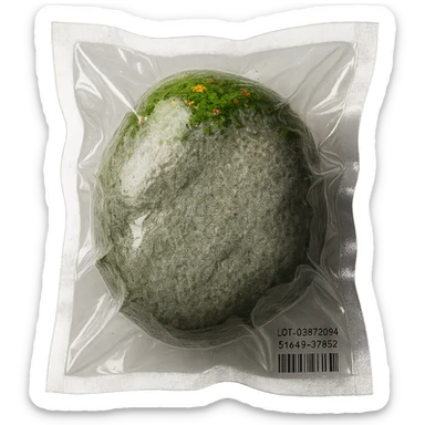 smooth light gray boulder, mostly stone with some green moss and a few tiny multicolored flowers, shiny and inflated sticker