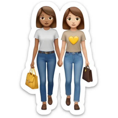 based on emoji style, two people walking together. one is brown-haired woman, wearing business casual,  Another one is a non-binary person, wearing t shirt and jeans, and the second person doesn't have anything on their hands. sticker