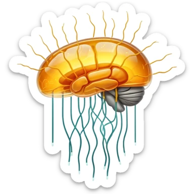 An amber translucent capsule floating in front of an ethereal brain. Thin electric filaments connect from the capsule to the brain synapses like bridges of light. sticker