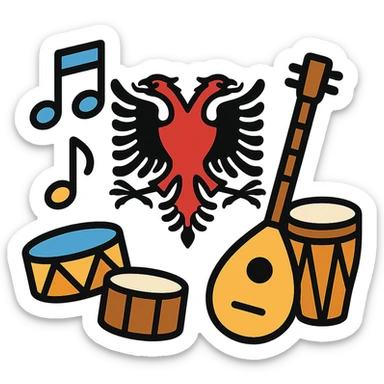 modern icon representing Albanian music, red double-headed eagle, musical notes, traditional Albanian instruments sticker