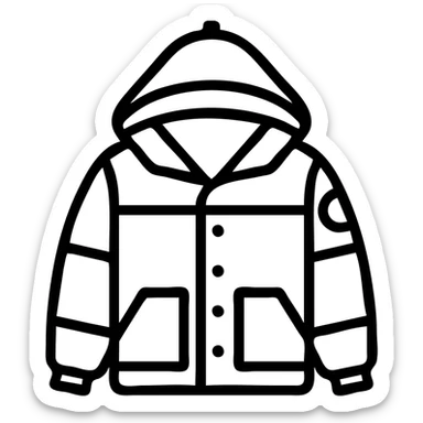 Create a clean black outline of a jacket with no fill on a transparent background. Keep the hood and patch details simple and clear, focusing on the outline style with no color fill. sticker