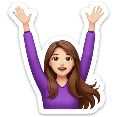 excited woman with long brown hair with arms raised above head with confetti and sparkles in the background cartoon style sticker