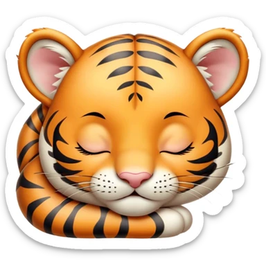 Meme-Worthy cute Sleeping Tiger Cub Portrait Emoji, Head resting peacefully with a contented smile, showcasing a luxuriously soft, striped form and eyes gently closed in serene slumber, Simplified yet comically adorable features, highly detailed, glowing with a soft, drowsy wild light, high shine, relaxed and utterly lovable, stylized with an air of playful laziness, bright and heartwarming, soft glowing outline, capturing the essence of a sleeping tiger cub that feels destined to become the next viral icon of adorable rest! sticker