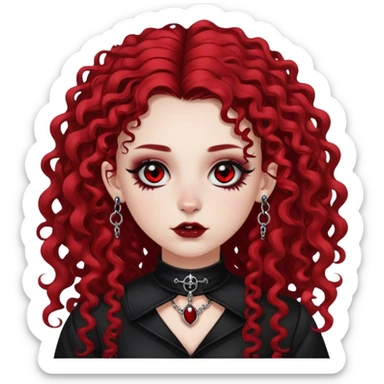White girl with black eyes, gothic clothes and red curly long red hair. She has a septum ring piercing and a side nose piercing too sticker