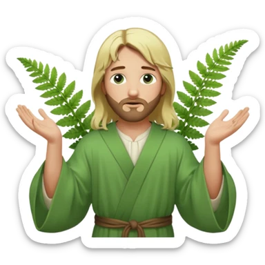 Jesus, green eyes, blonde hair, light green robe. opening arms, gazing thoughtfully. Soft light, subtle fern. Waist-up, profile. sticker