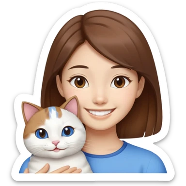 brown-haired Asian girl with her blue and white Manchikon cat, both smiling sticker