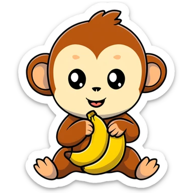 adorable baby monkey carefully peeling a banana sticker