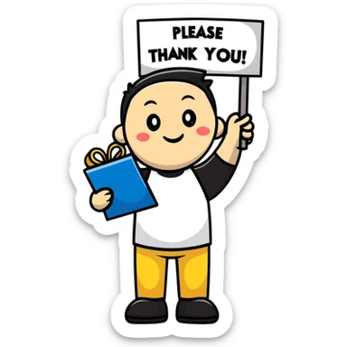 Character holding a sign that says please and thank you sticker