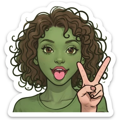 Brown haired curly haired girl with her tongue sticking out and a peace sign  sticker