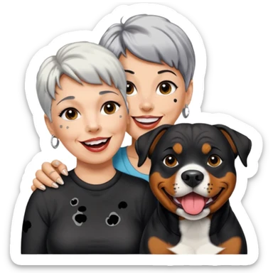Pitt bull rottweiler white muzzle with black spots tongue out next to older woman with short silver hair sticker