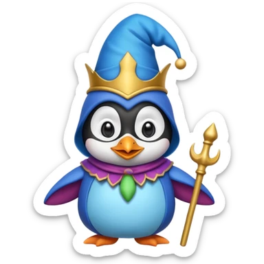 crazy colorful cute penguin jolly joker, medieval, vintage, court jester, mac os icon, blue color sticker