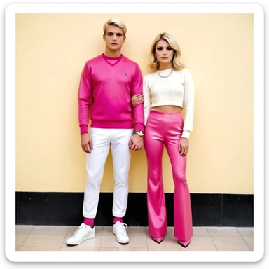 Una pareja de novios van tomados de la mano ella es rubia de ojos carmelitas piel blanca vestido rosado y tacones el muchacho es de piel morena ojos negros un pullover blanco pantalón de mezclilla y tenis blancos el fondo es una iglesia  sticker