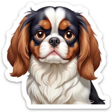 Cinematic Grumpy Tri-Colour Cavalier King Charles Spaniel Portrait Emoji, Head tilted slightly with a deeply unimpressed expression, thick tri-colour fur with pronounced black, white, and tan markings, large, droopy brown eyes narrowed into an unamused glare, ears slightly drooping in exasperation, Simplified yet comically expressive features, highly detailed, glowing with a dry, sarcastic glow, high shine, effortlessly judgmental yet dignified, stylized with a touch of cynicism, bright but brooding, soft glowing outline, capturing the essence of an eternally unimpressed yet endearing companion, so lifelike it feels like it could sigh heavily at you in disdain at any moment! sticker