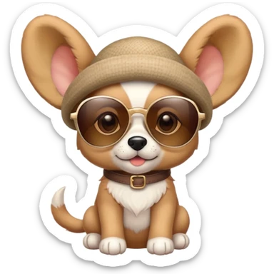 Cute puppy with oversized ears wearing sunglasses and a tiny hat sticker