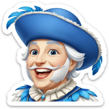 Kölner Karnevalist als Blauer Funke mit blau-weißem Federbuschhut lacht sticker