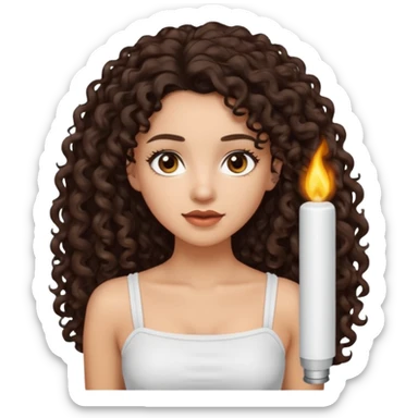 Woman with light skin and dark brown eyes and dark brown long curly hair and white tube top sticker
