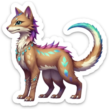 Kawaii iridescent beautiful pretty elegant divine edgy fantasy feline-vernid-sergal-fursona animal creature with a tufted tail full body with intricate markings  sticker