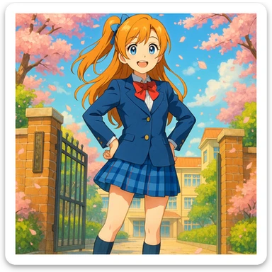 bright and cheerful anime schoolgirl standing confidently in front of her school gate during spring, cherry blossoms fluttering around, long light orange hair in a side ponytail with a blue ribbon, expressive blue eyes, warm smile, classic Japanese high school uniform with navy blue blazer, white blouse, red ribbon bow, blue checkered skirt, knee-high navy socks, brown loafers, vibrant 2D anime style inspired by Love Live!, lively background with high attention to color and lighting sticker