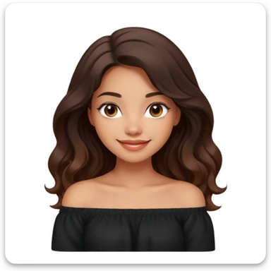 modern clean emoji of a young woman with medium skin tone, long wavy dark brown hair, wearing a black off-shoulder top, soft friendly smile, expressive eyes, modern warm charming style, relaxed confident vibe, light softly blended gradient background sticker