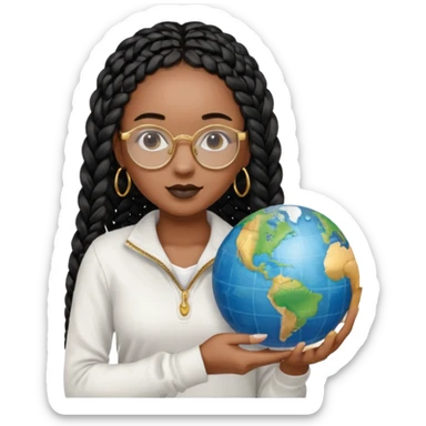 a young woman wearing fine gold round glasses and black hair in several box braids, no earrings, she has light black skin, and she's wearing a white shirt with a black quarterzip. She's holding a globe in one hand sticker