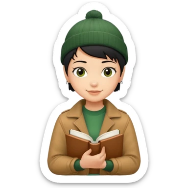 tan skin, non binary person with pixie cut black hair, wearing brown jacket and dark green beanie, shy smile , holding up  book  sticker